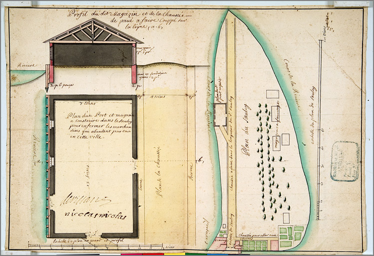 'Plan d'un port et magasin à construire dans le Saulcy [...]/ plan dudit magasin et de la chaussée à faire [...]' (1701).