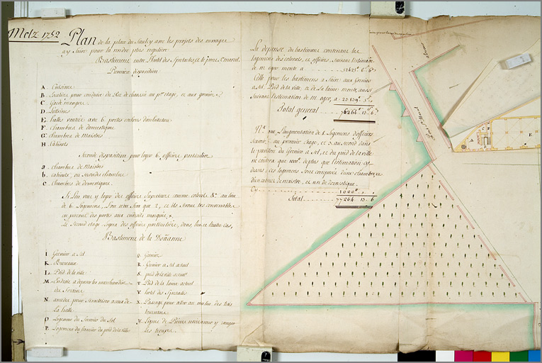 'Plan de la place du Saulcy avec les projets des ouvrages à y faire pour la rendre plus régulière [...]' (1752), détail de la légende.