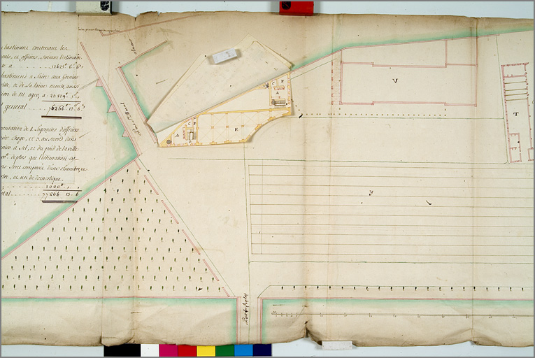 'Plan de la place du Saulcy avec les projets des ouvrages à y faire pour la rendre plus régulière [...]' (1752), détail du projet de pavillon Saint-Marcel (avec retombe rez-de-chaussée).