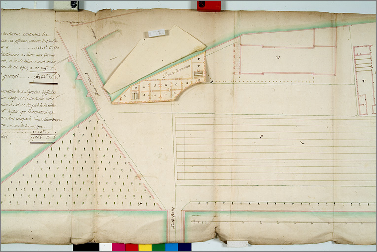 'Plan de la place du Saulcy avec les projets des ouvrages à y faire pour la rendre plus régulière [...]' (1752), détail du projet de pavillon Saint-Marcel (avec retombe 1er étage).