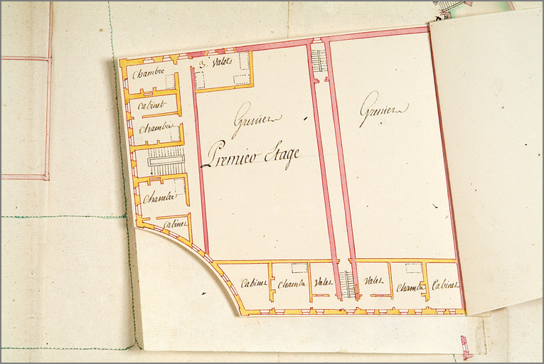 'Plan de la place du Saulcy avec les projets des ouvrages à y faire pour la rendre plus régulière [...]' (1752), détail du projet pour le pavillon de la Douane (avec retombe 1er étage).