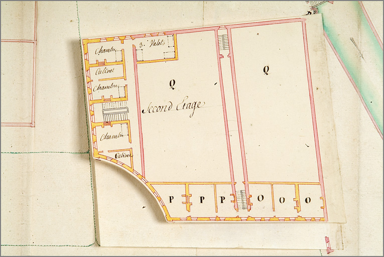 'Plan de la place du Saulcy avec les projets des ouvrages à y faire pour la rendre plus régulière [...]' (1752), détail du projet pour le pavillon de la Douane (avec retombe 2e étage).