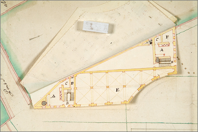 'Plan de la place du Saulcy avec les projets des ouvrages à y faire pour la rendre plus régulière [...]' (1752), détail du projet de pavillon Saint-Marcel (sans retombe rez-de-chaussée).