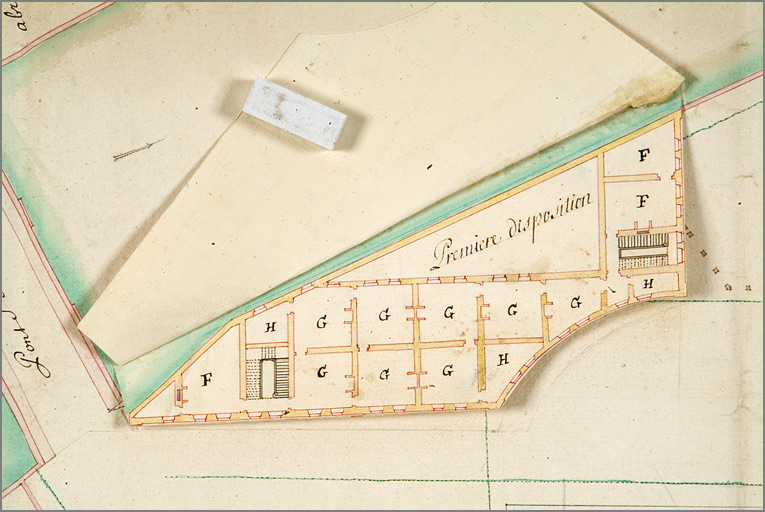 'Plan de la place du Saulcy avec les projets des ouvrages à y faire pour la rendre plus régulière [...]' (1752), détail du projet de pavillon Saint-Marcel (avec retombe 1er étage).