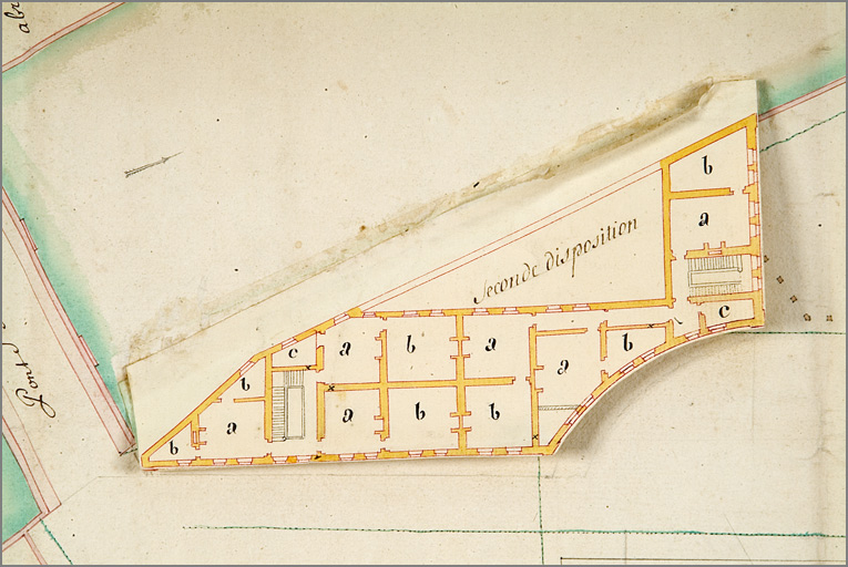 'Plan de la place du Saulcy avec les projets des ouvrages à y faire pour la rendre plus régulière [...]' (1752), détail du projet de pavillon Saint-Marcel (avec retombe 2e étage).