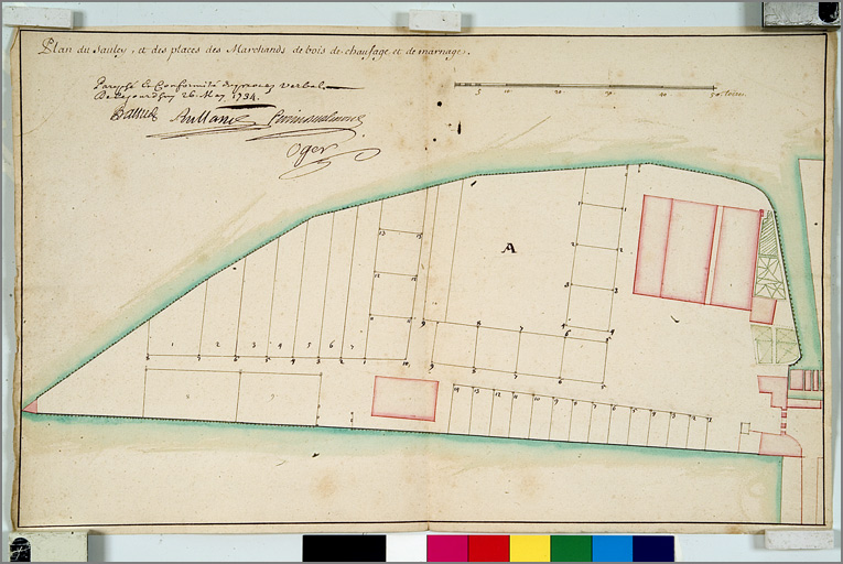 'Plan du Saulcy et des places des marchands de bois de chauffage et de marnage' (1734).