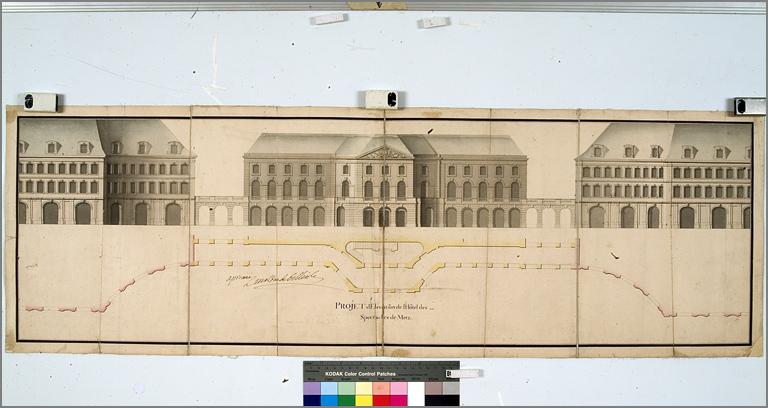 'Projet d'élévation de l'hôtel des spectacles de Metz', avec signature de Belle-Isle (vers 1755).