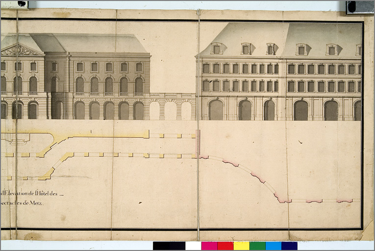 'Projet d'élévation de l'hôtel des spectacles de Metz', avec signature de Belle-Isle (vers 1755), détail de la partie droite (pavillon de la Douane).