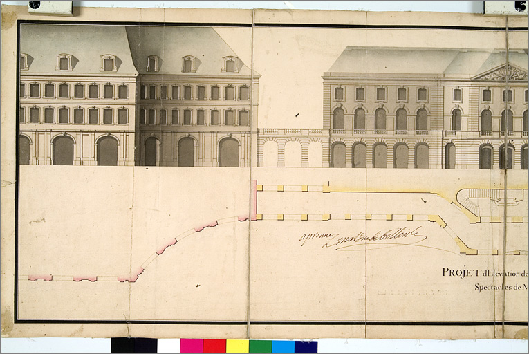 'Projet d'élévation de l'hôtel des spectacles de Metz', avec signature de Belle-Isle (vers 1755), détail de la partie gauche (pavillon Saint Marcel).