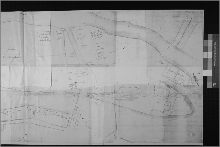 Plan de l'île du Saulcy avant la construction de l'hôtel de l'Intendance (entre 1735 et 1738), détail de la partie droite.