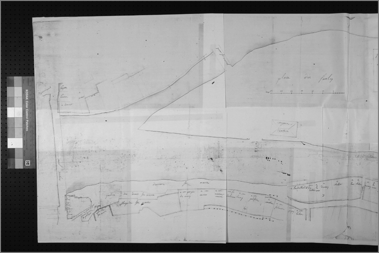 Plan de l'île du Saulcy avant la construction de l'hôtel de l'Intendance (entre 1735 et 1738), détail de la partie gauche.