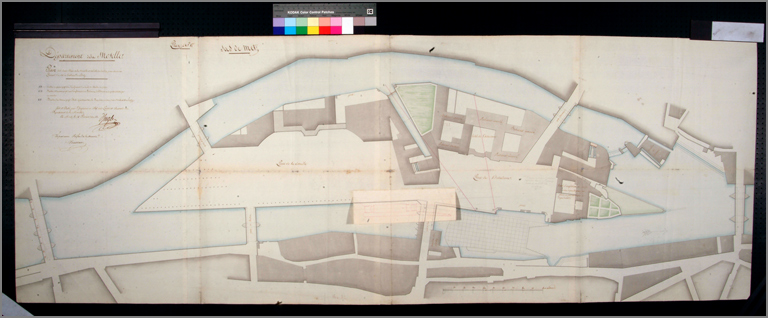 Plan des deux bras de la Moselle et de l'île du saulcy par l'ingénieur en chef (an XIII), ensemble avec retombe.