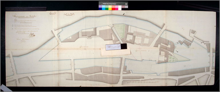 Plan des deux bras de la Moselle et de l'île du saulcy par l'ingénieur en chef (an XIII), ensemble sans retombe.