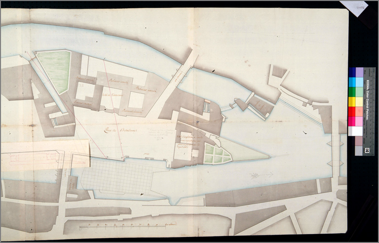 Plan des deux bras de la Moselle et de l'île du saulcy par l'ingénieur en chef (an XIII), détail de la partie droite.