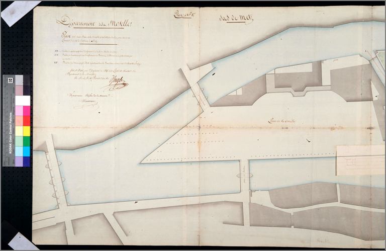 Plan des deux bras de la Moselle et de l'île du saulcy par l'ingénieur en chef (an XIII), détail de la partie gauche.