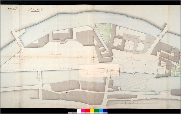 Plan des deux bras de la Moselle et de l'île du saulcy par l'ingénieur en chef (an XIII), détail de la partie centrale.