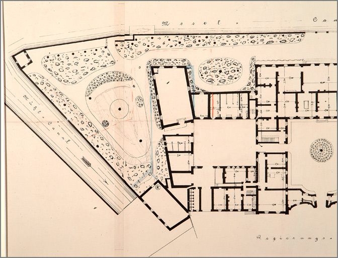 Bezirks-Präsidial-Gebaude in Metz : plan de l'époque de la Présidence de Lorraine, détail du jardin à gauche de l'hôtel (aujourd'hui disparu).