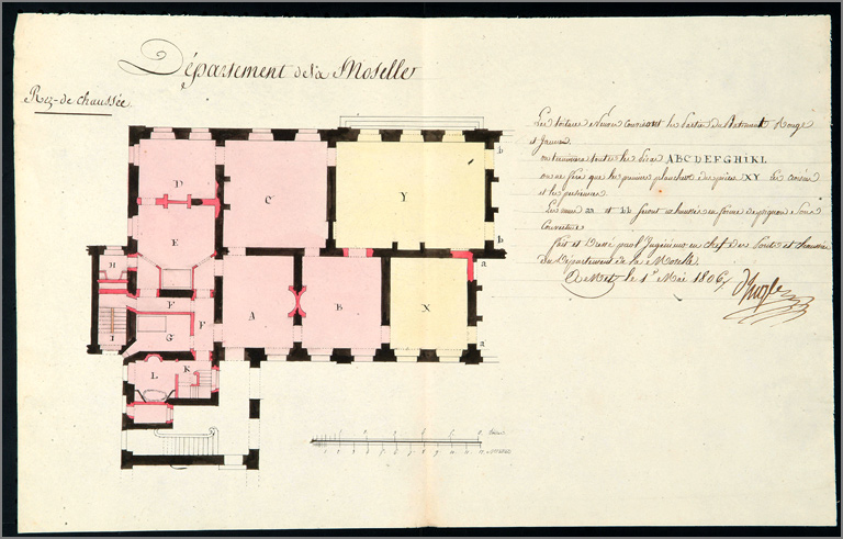 Plan pour la reconstruction de la partie gauche du corps central de la préfecture (vers 1806) : rez-de-chaussée.