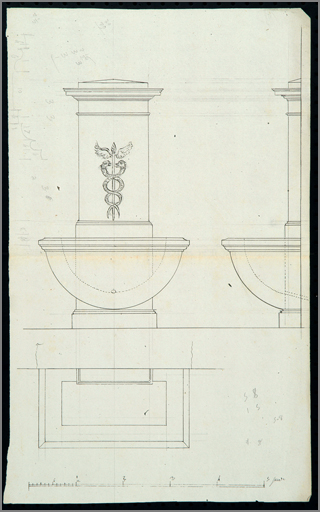 Plan, coupe et élévation de la fontaine (1808).