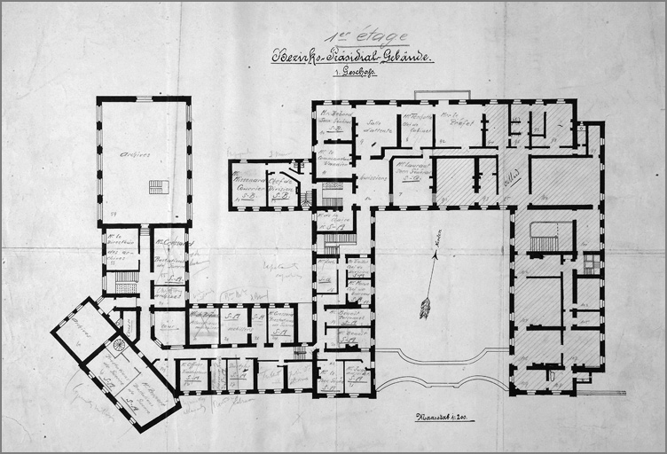 Bezirks-Präsidial-Gebaude : plan de l'hôtel à l'époque de la Présidence de Lorraine : 1er étage.