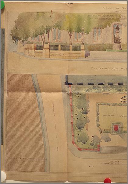 Projet pour le percement de la rue Nouvelle [=rue des Frères Henry] et création du square Bichat : plan et élévation, détail de la partie gauche.