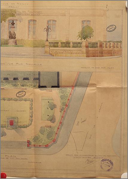 Projet pour le percement de la rue Nouvelle [=rue des Frères Henry] et création du square Bichat : plan et élévation, détail de la partie droite.