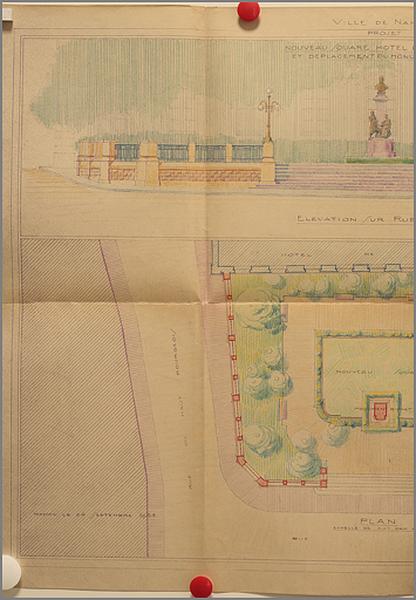 Projet pour le percement de la rue Nouvelle [=rue des Frères Henry] et création du square Bichat : plan et élévation, détail de la partie gauche.