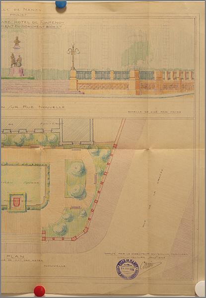 Projet pour le percement de la rue Nouvelle [=rue des Frères Henry] et création du square Bichat : plan et élévation, détail de la partie droite.