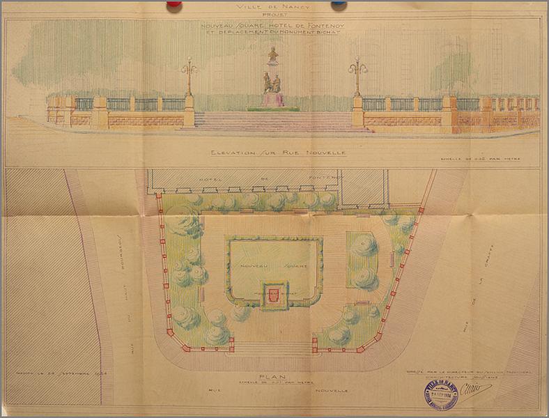 Projet pour le percement de la rue Nouvelle [=rue des Frères Henry] et création du square Bichat : plan et élévation.