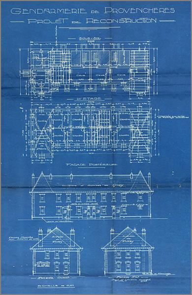 Reconstruction, élévations latérales et antérieures, coupe du sous-sol et du 1er étage.