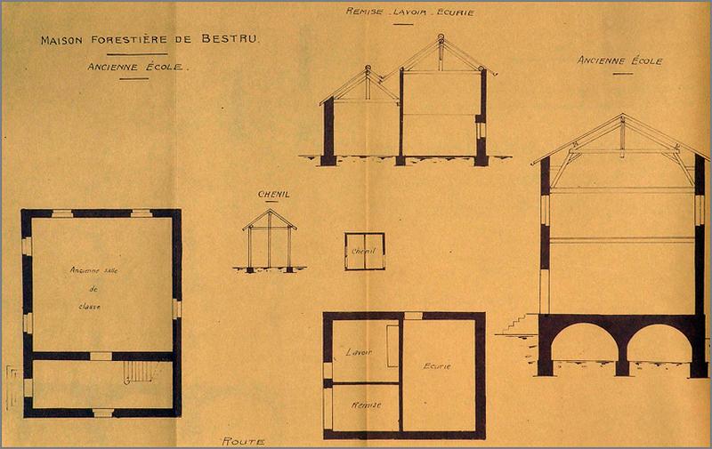 Elévation des façades, coupe et plan des sous-sol, rez-de-chaussée et 1er étage.