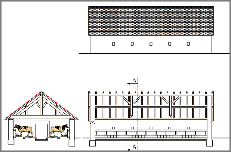 Plan type et coupe d'une étable de marcairie.