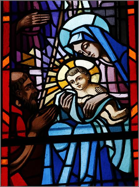 Verrière 1, détail du registre inférieur : la Nativité.