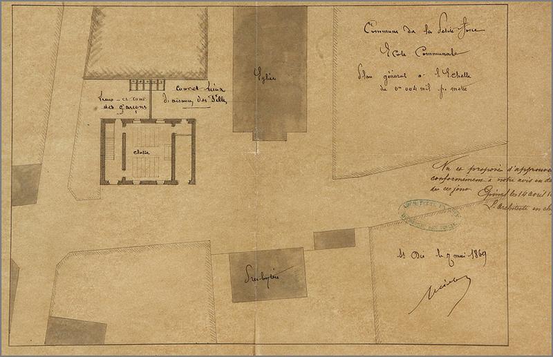 Mairie-école. Plan de l'aménagement de la cour et des lieux d'aisances.