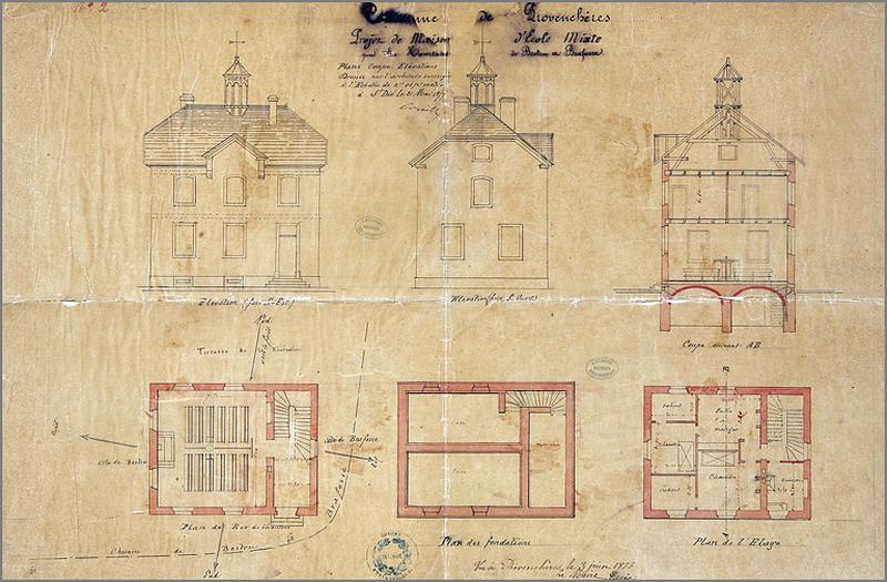 Ecole de hameau. Elévations, plans et coupes.