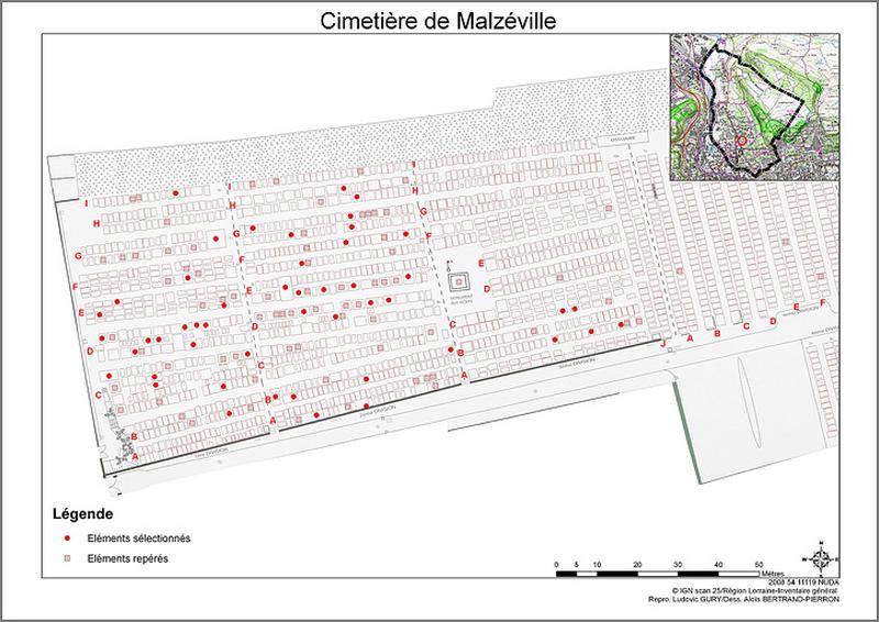 Plan du cimetière : localisation des tombeaux repérés et sélectionnés.