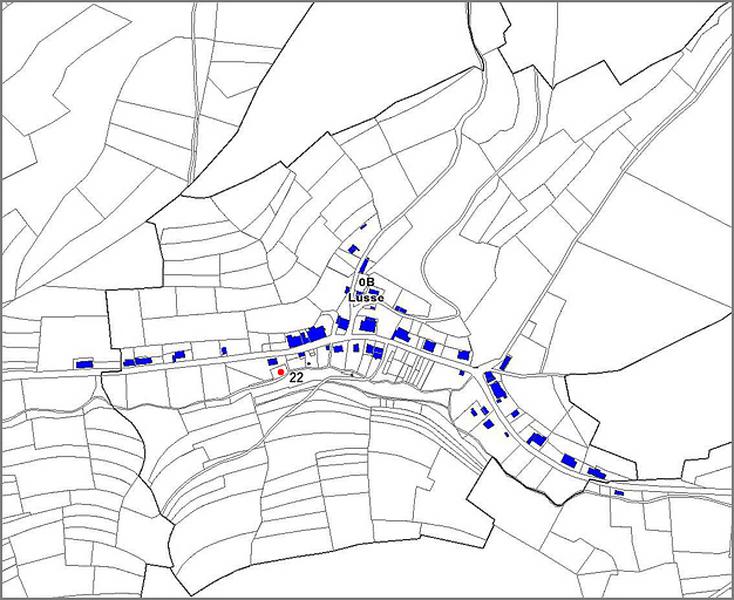 Cadastre actuel : édifices étudiés aux Trois-Maisons.