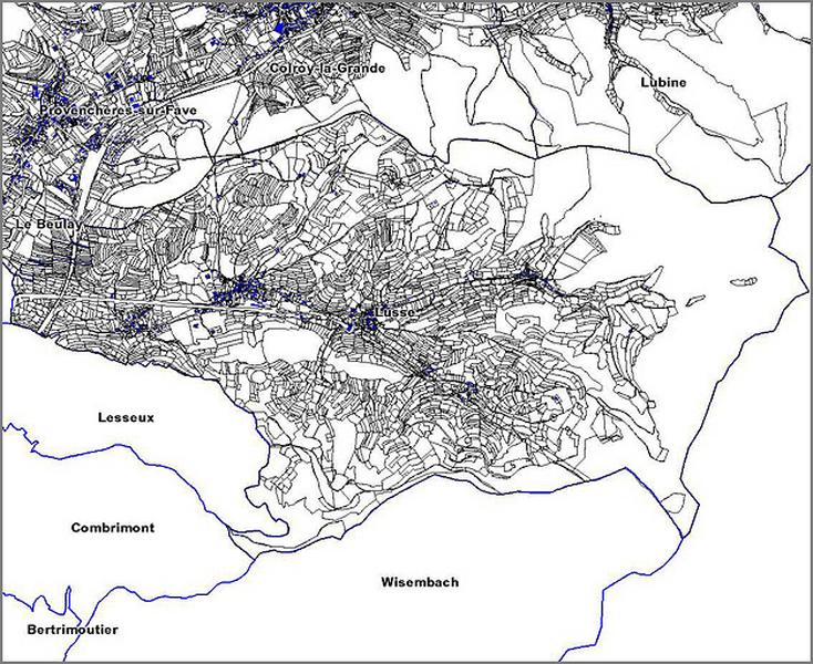 Cadastre actuel, tableau d'assemblage : implantation du bâti.