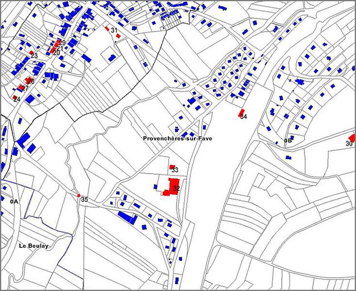 Cadastre actuel : édifices étudiés à l'ouest de la commune.