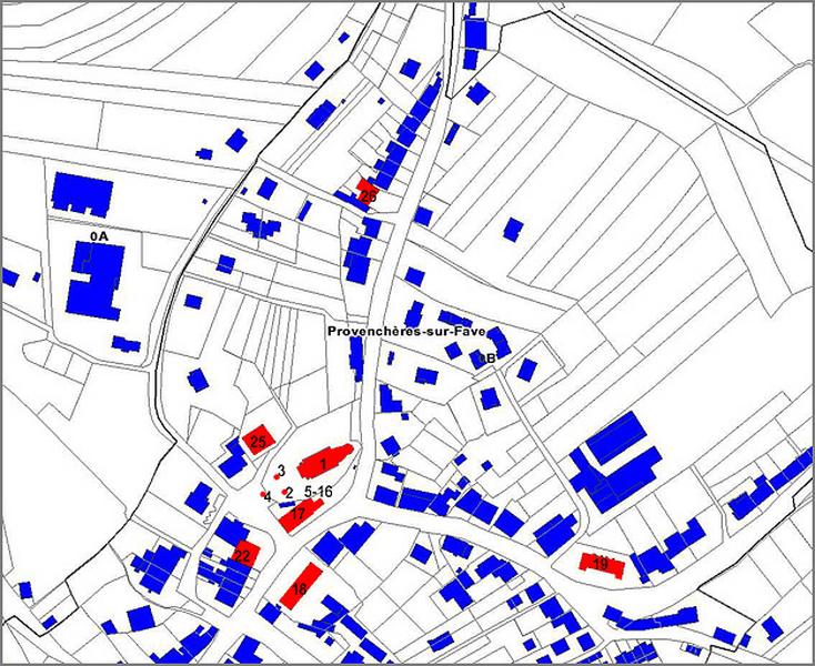 Cadastre actuel : édifices étudiés au centre de la commune