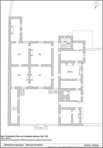 Plan du rez-de-chaussée avec localisation des pièces (décors intérieurs étudiés).