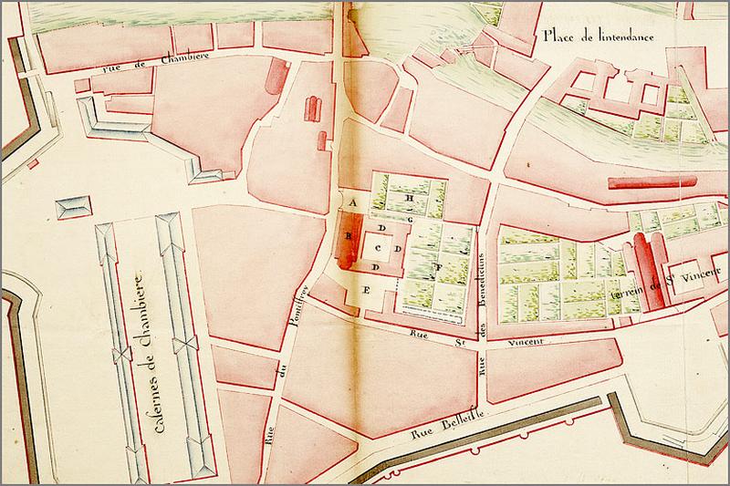 Plan de situation de l'abbaye (lettres portées de A à H) dans le 3e quart du 18e siècle, détail.