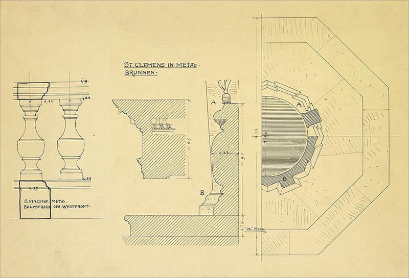 Puits : plan et coupe (et balustrade de la façade ouest de Saint-Vincent de Metz).