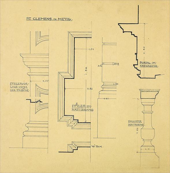 Cloître et tribune : plan, coupe, élévation de pile et balustre.