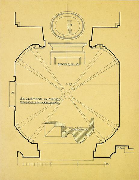 Ancienne entrée du cloître (place Saint-Clément) : plan, élévation et coupe.