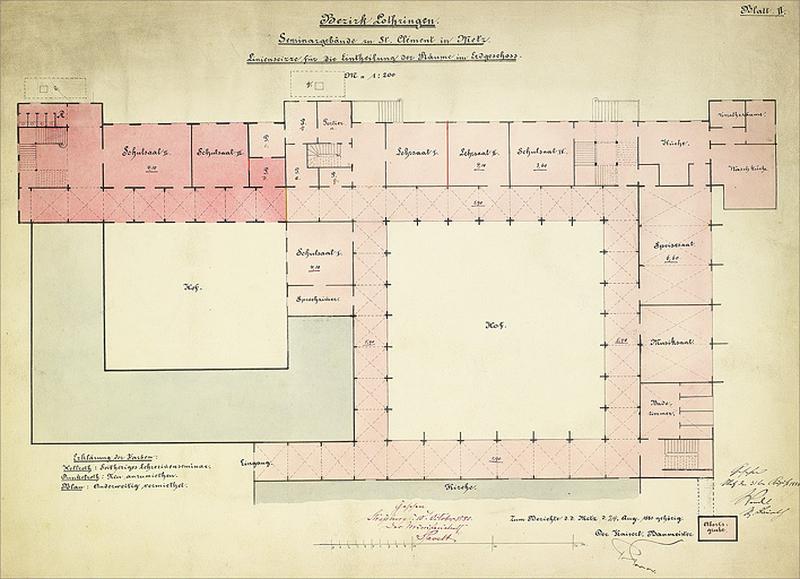 Plan du rez-de-chaussée (en rose clair : école normale d'institutrices, en rose foncé : partie en location).