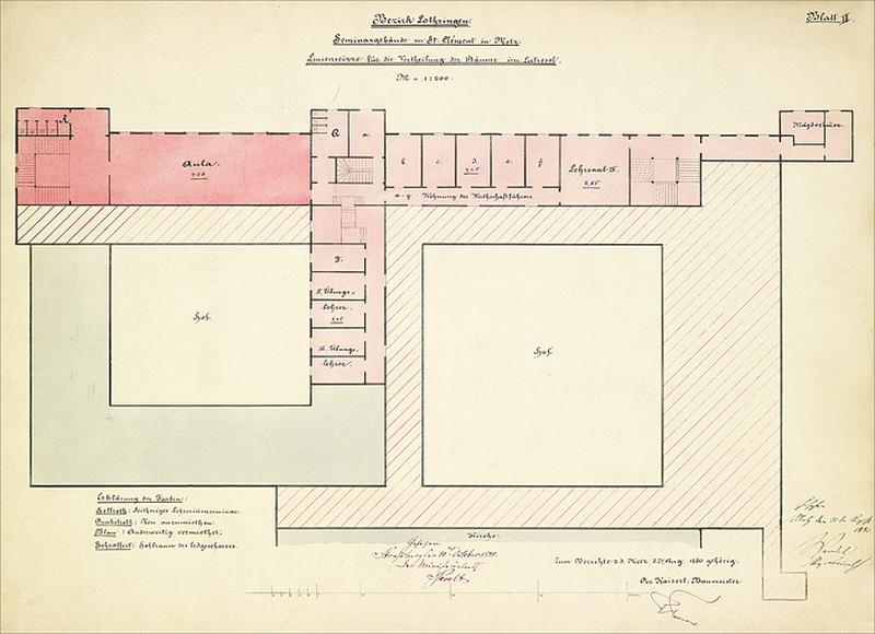 Plan de l'entresol (en rose clair : école normale d'institutrices, en rose foncé : partie en location).