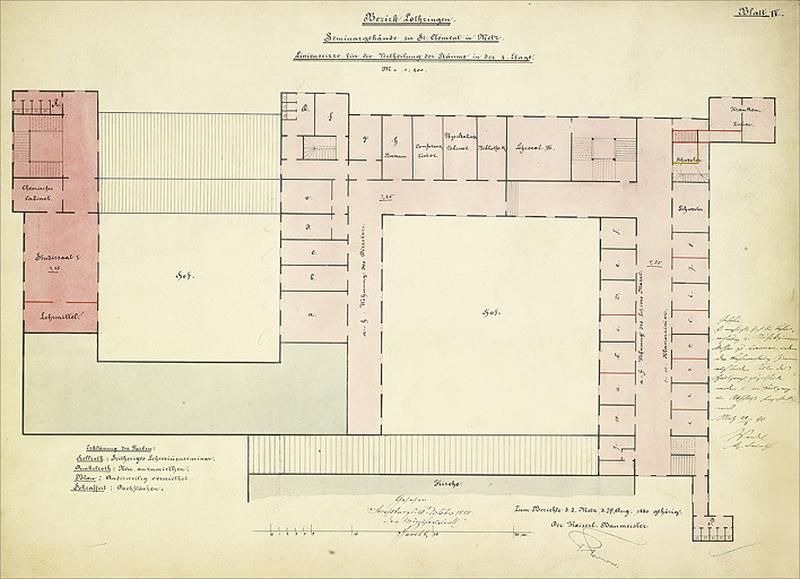 Plan du 1er étage (en rose clair : école normale d'institutrices, en rose foncé : partie en location).