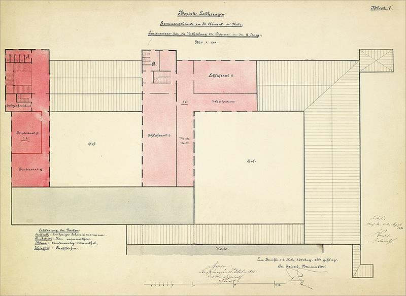 Plan du 2e étage (en rose clair : école normale d'institutrices, en rose foncé : partie en location).