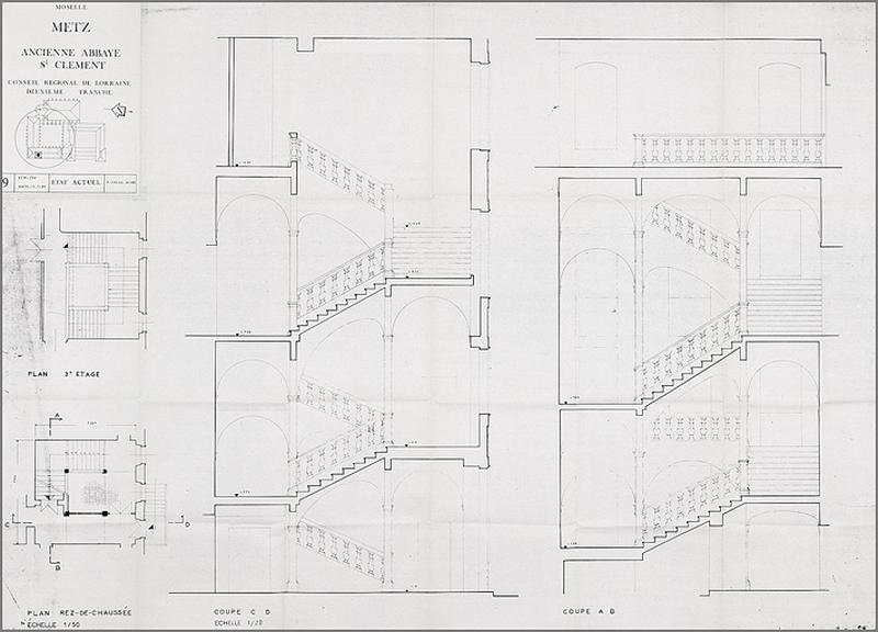 Plans et coupes de l'escalier nord-ouest : état en 1985.